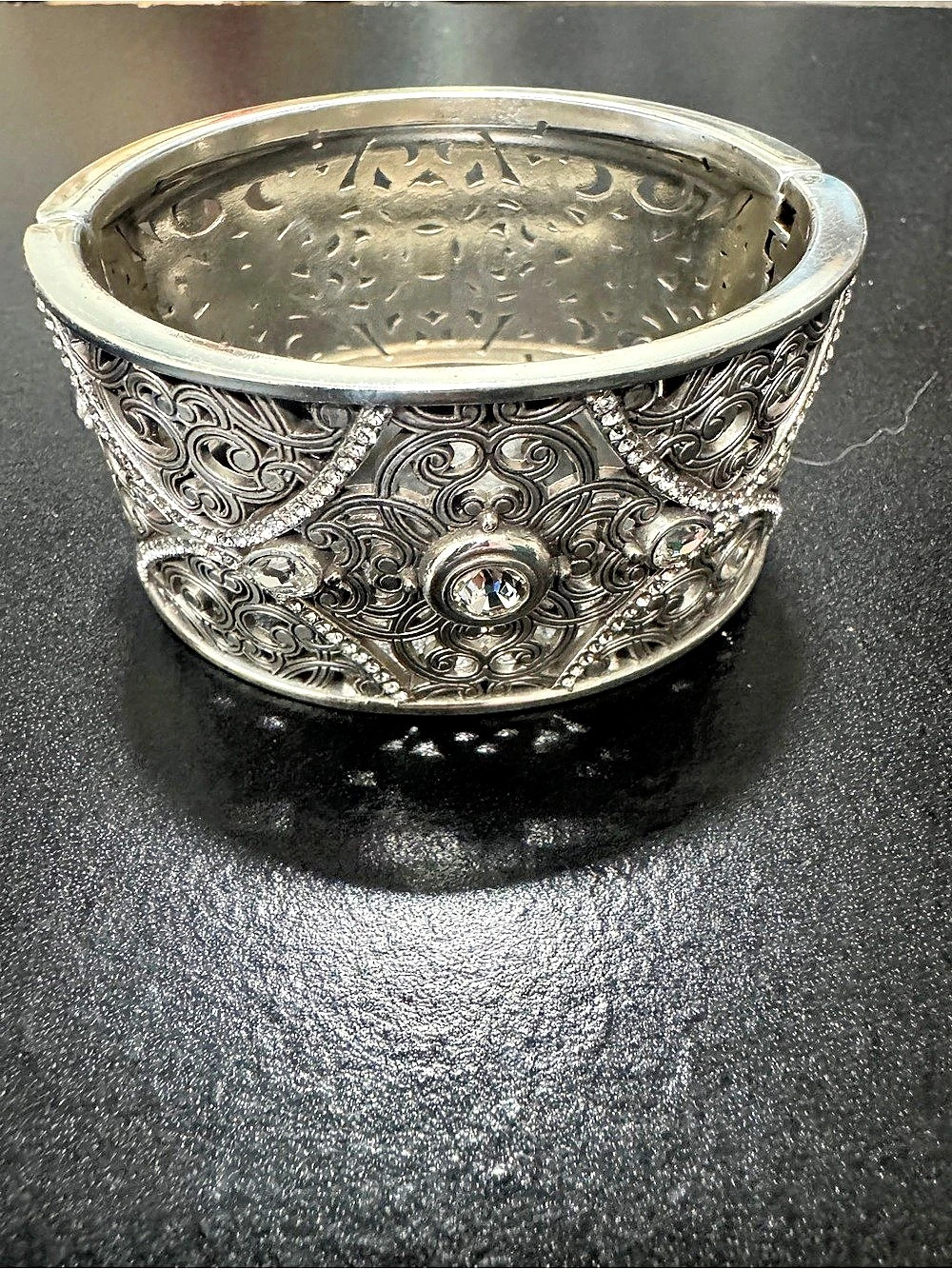 Brighton Silver Tone Crystal Filigree Wide Cuff Bracelet
